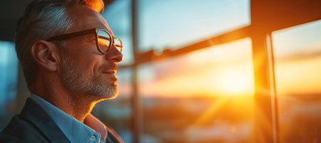 Confident middle aged man with glasses looking out, grey hair, office background with copy spaceの素材