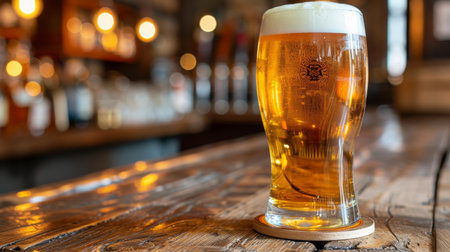 Pilsner beer in glass on wooden table with blurred man power background, copy space for text.の素材