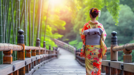 Japanese woman in traditional kimono geisha in vibrant green bamboo forest on blurred backgroundの素材