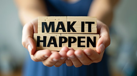 Motivational woman holding  make it happen  sign, success concept on blurred background.の素材