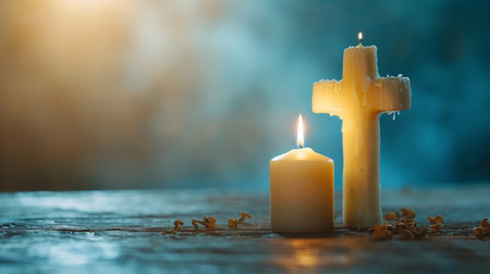 Christian cross with candles on wooden floor in room, on pastel background with space for textの素材