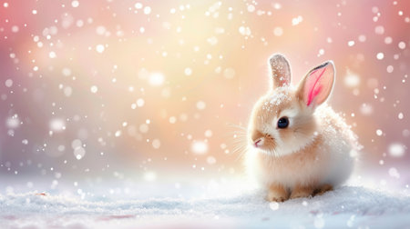 Snowy hare in winter forest, cute animal on blurred background, wildlife in nature habitatの素材