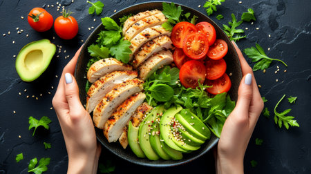 Hands holding bowl of healthy salad ingredients, top view, copy space, healthy eating themeの素材