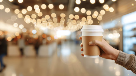 Hand holding coffee cup mockup on blurred background with copy space for text   branding template.の素材
