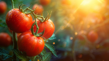 Organic farming concept  red tomatoes growing on bush in greenhouse with text space.の素材