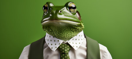 Frog in business attire working in corporate setting, anthropomorphic concept with copy spaceの素材