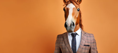 Anthropomorphic horse in business attire posing in corporate studio setting with copy spaceの素材