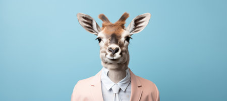 Deer in suit working in corporate office, studio shot on plain wall with copy spaceの素材