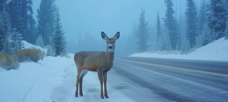 Misty morning encounter  majestic deer on road, forest wildlife and transport hazardsの素材
