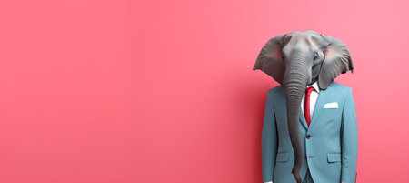 Elephant in business attire working in office studio, plain background with text space.の素材
