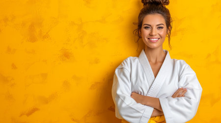 Happy european girl at judo or karate training with copy space, martial arts conceptの素材