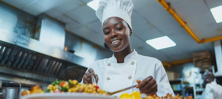 Female african and asian chef cooking in a professional kitchen with copy space for textの素材