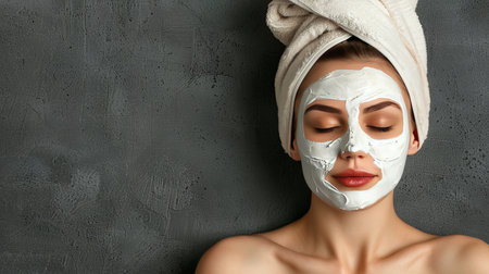 Senior woman relaxing with eyes closed in spa with white facial mask, beauty and mental healthの素材