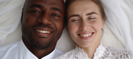 Peaceful multiracial couple in 20s sleeping on white bed with blanket, ample text spaceの素材