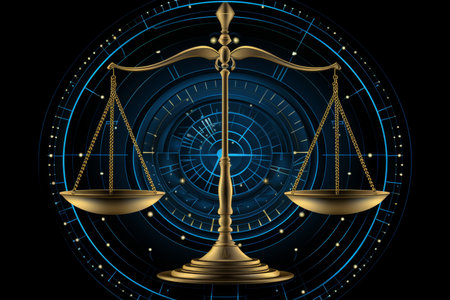 Vector illustration of the zodiac sign libra glowing in blue color on a black backgroundの素材