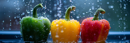Colorful bell peppers with water drops, creating a vibrant vegetable backdrop full of freshness.の素材
