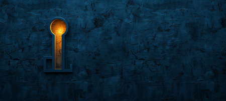 Mysterious keyhole with light shining through on dark background, copy space for text placementの素材