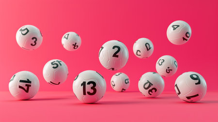 Close up of white lottery balls on pastel background with focus on lucky number 13の素材