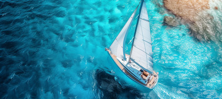 Aerial view of thrilling sailing yacht regatta on high seas, with white sails and ample text spaceの素材