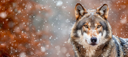 Gray wolf in snowy forest, wildlife in natural habitat with blurred background and space for text.の素材