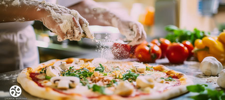 Professional chef making pizza in modern kitchen restaurant with copy space for text placementの素材