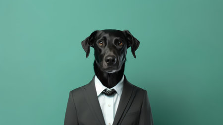 Anthropomorphic dog in business suit working in office, studio shot with text space.の素材
