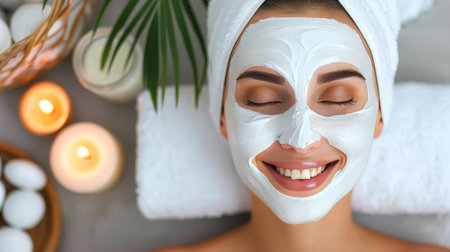 Smiling woman applying face mask in front of bathroom mirror for skincare treatment at homeの素材