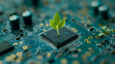 Green plant sprouting from computer processor, concept of technology and nature integrationの素材