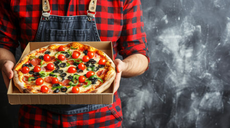 Casually dressed man holding italian pizza in flat box with copy space, food delivery conceptの素材