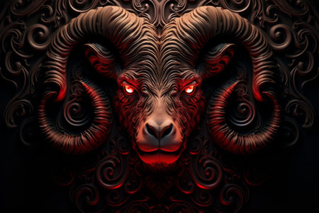 Astrological zodiac sign aries shining in red isolated on dark background for horoscope conceptの素材