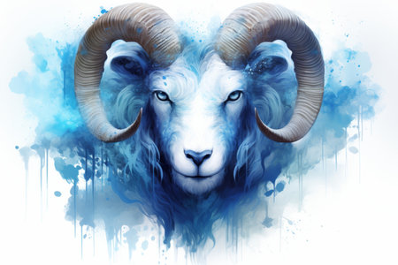 Vector illustration of the zodiac sign aries shining in blue on a white backgroundの素材