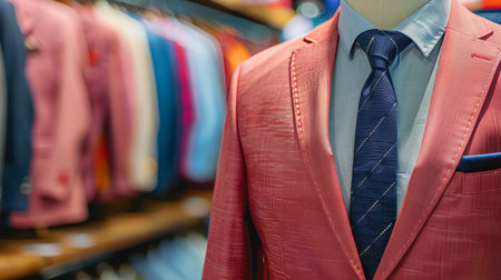 Monochrome men s burgundy suit elegantly displayed on mannequin in contemporary boutique settingの素材