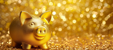 Golden piggy bank on blurred defocused background with copy space, financial savings conceptの素材