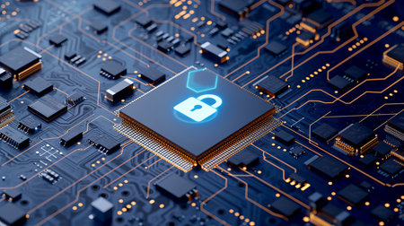 Shining lock icon on cpu with interactive holographic security elements for data protectionの素材