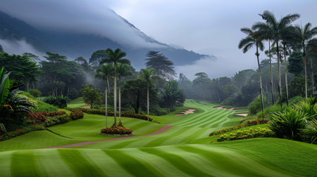 Beautiful panoramic view of a golf course with rich green turf   scenic golf field landscapeの素材