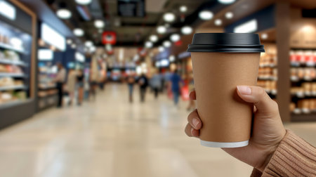 Woman s hand holding takeaway coffee cup mockup with copy space on blurred backgroundの素材