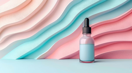 Serum dropper bottle mockup on pastel background with light, shadows, and text spaceの素材