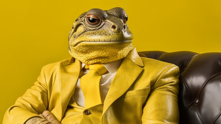 Anthropomorphic frog in business suit at corporate office setting, studio shot with copy space.の素材
