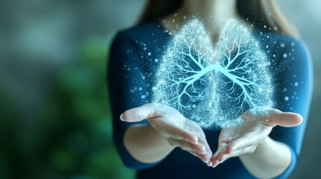 Medical professional examining human chest x ray with holographic 3d rendering on blurred backgroundの素材