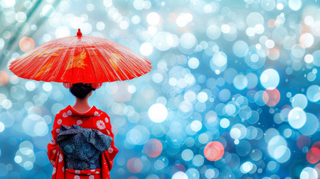 Japanese geisha in vibrant kimono walking through lush bamboo forest with blurred backgroundの素材
