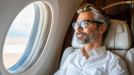 Charming man traveling by airplane, sitting by aircraft window and admiring the view outsideの素材