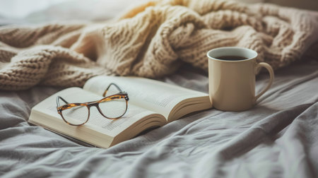 Cozy hygge home vibes  beige sweater, tea or coffee mug, book, and glasses on gray bedの素材