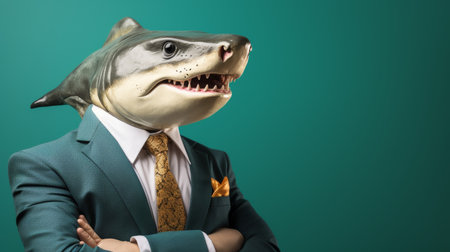 Shark in business suit at corporate office, studio shot on plain wall with space for text placement.の素材