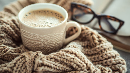 Cozy home atmosphere with beige sweater, book, glasses, and coffee mug on gray bedの素材