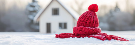 Charming small house adorned with a cozy knitted hat and scarf, providing ample space for text.の素材