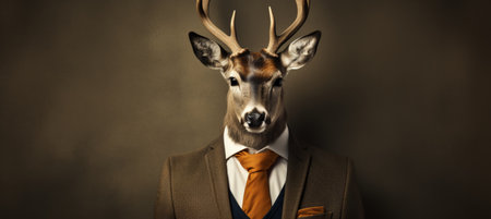 Deer in business suit acting in corporate setting, studio shot with copy space on plain wallの素材