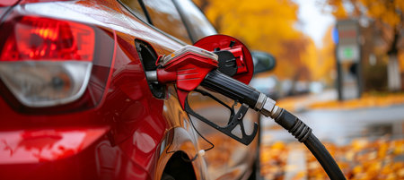 Car refueling gun in tank with copy spacerefueling with diesel or petrolautomotive fueling concept.の素材