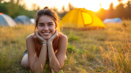 Captivating young woman enjoying camping in beautiful outdoor landscape with natural lightingの素材