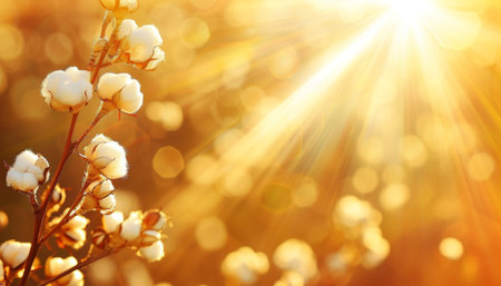 Close up of cotton balls on branch in sunlight on summer field with copy space for text placement.の素材