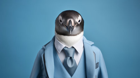 Friendly penguin in formal business suit, pretending to work in corporate workplace with copy space.の素材